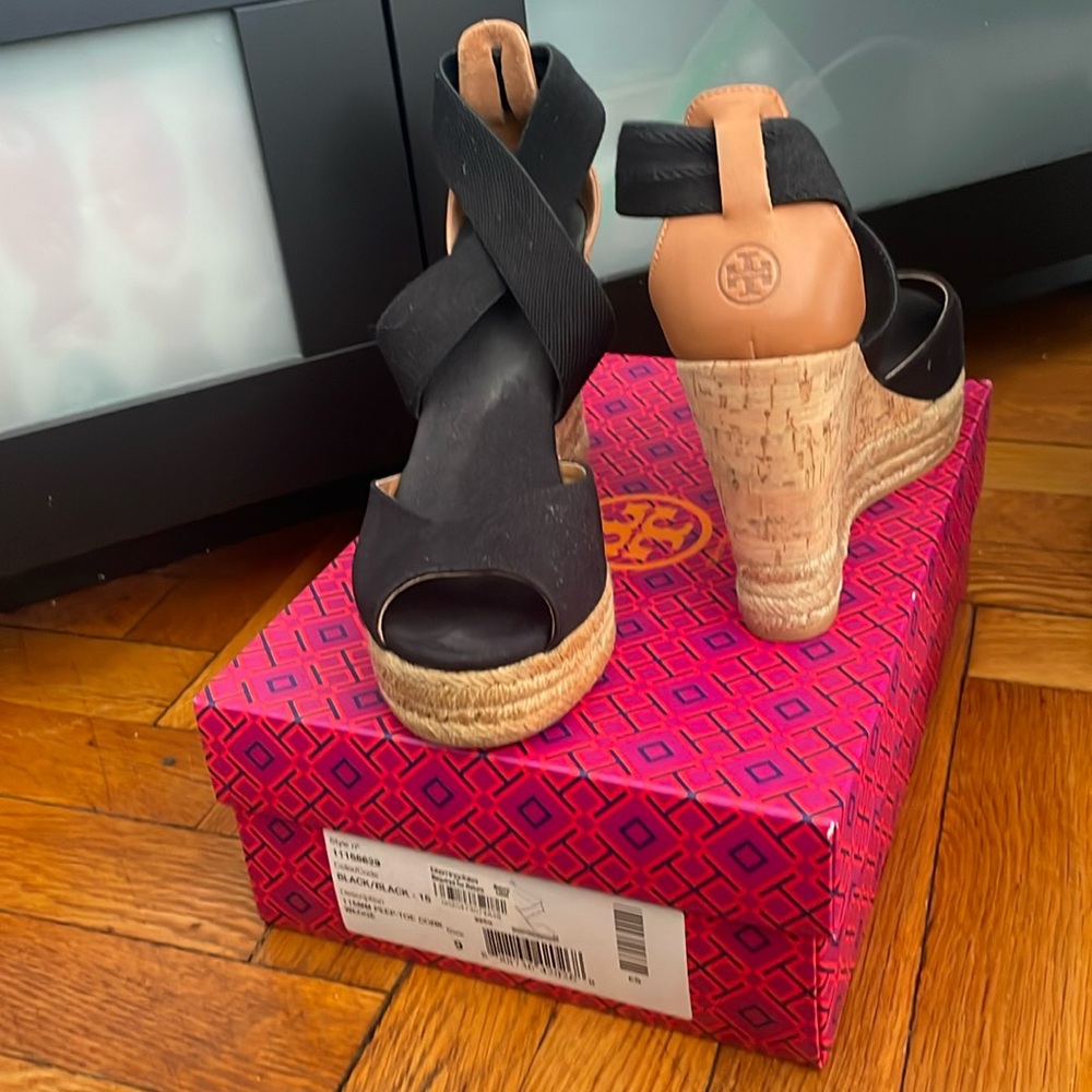 Tory Burch Black and Tan Wedges